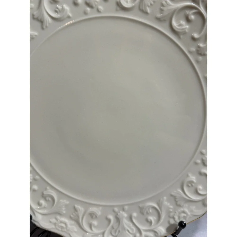 Lenox Georgian Cake Plate Cream Embossed Floral Gold Trim Scalloped 11.5